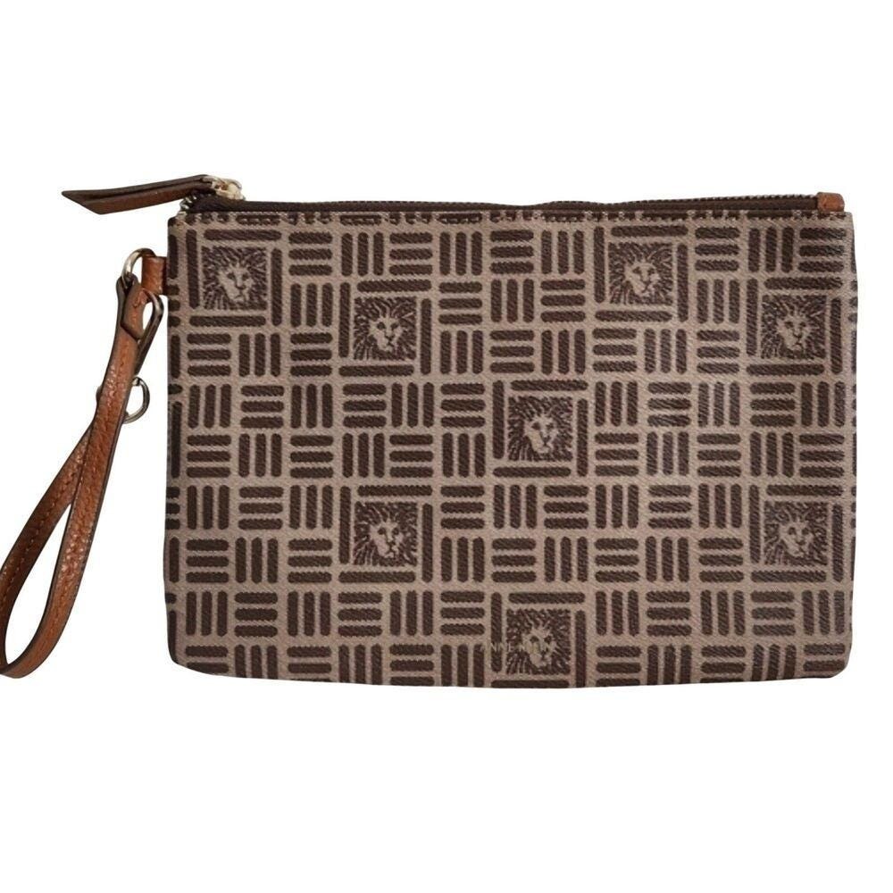 Anne Klein Wristlet Clutch OS Women Brown Good Monogram Lion Logo Zip Purse